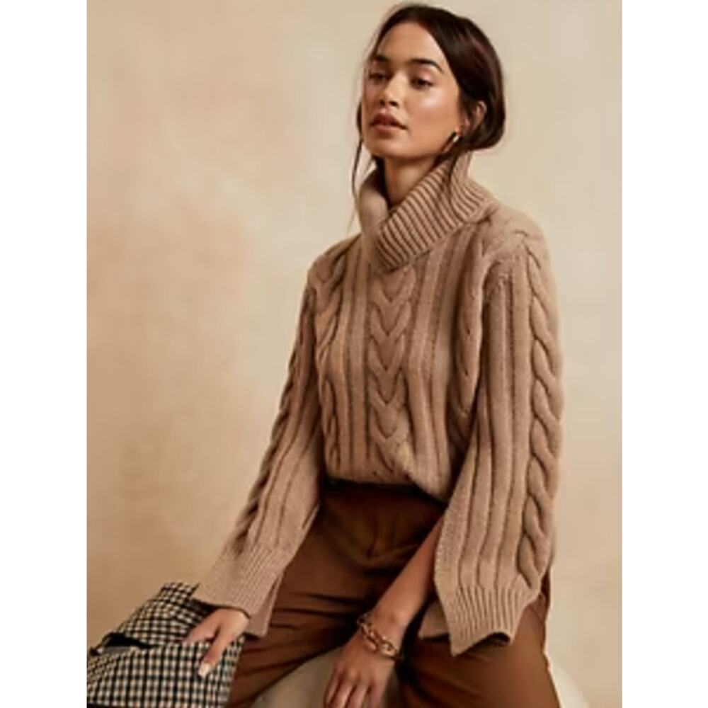 Banana Republic Cable Knit Turtleneck Sweater Wool Cashmere Split Sleeves XL NWT